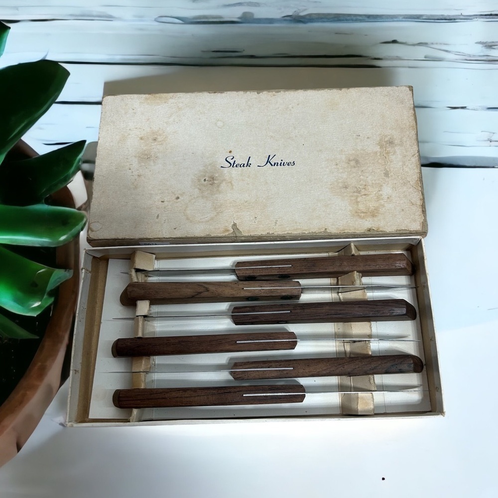 Kaylan Stainless Steel Steak Knives Set Vintage 6 Piece Wood Handles